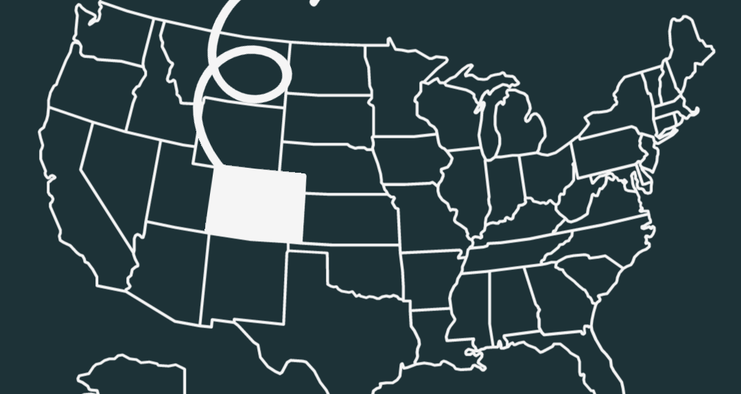 Map of United States with Colorado highlighted to show residency requirements